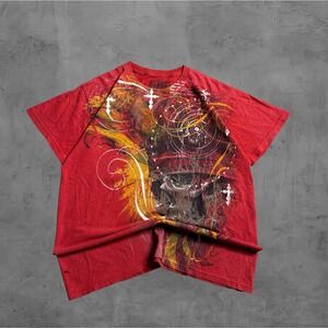 Vintage MMA Elite Red Graphic T Shirt Men's Lion Skulls Cross Print Short Sleeve